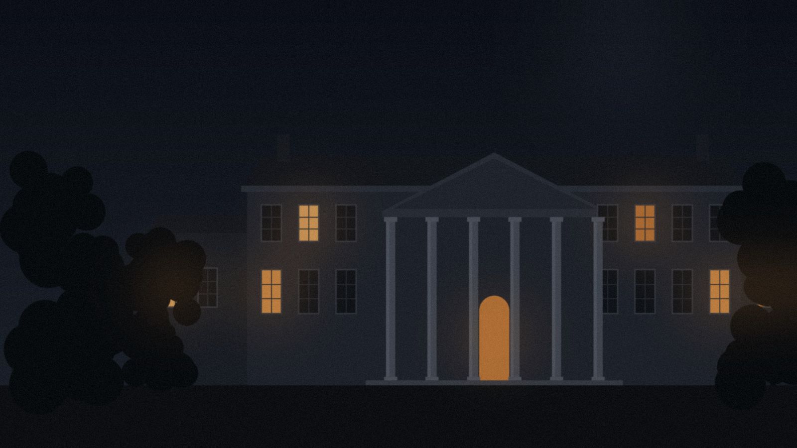 A neoclassical mansion facade at dusk with lit windows behind a row of columns